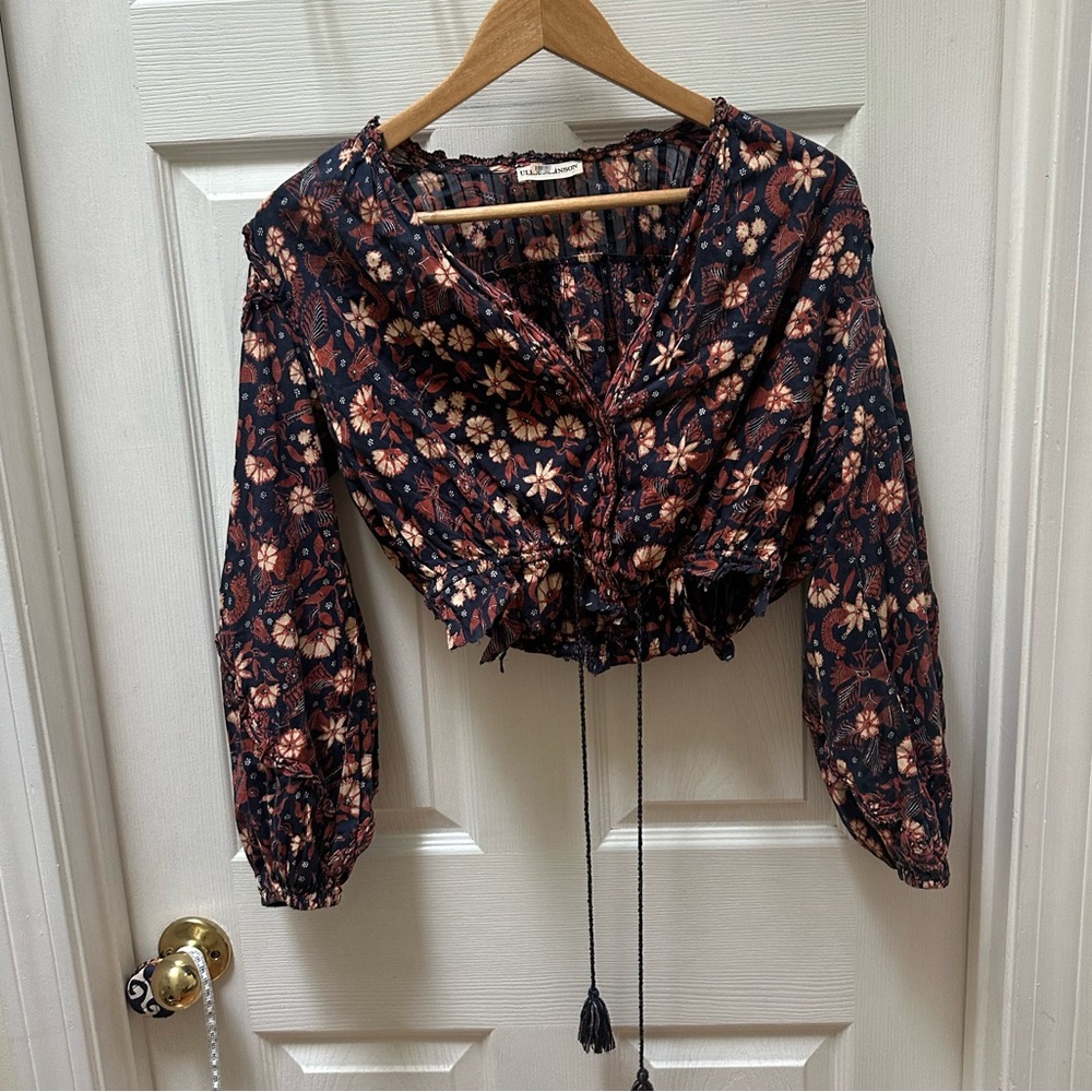Ulla Johnson Azalea Floral Blouse Black orange crop top long sleeve 8